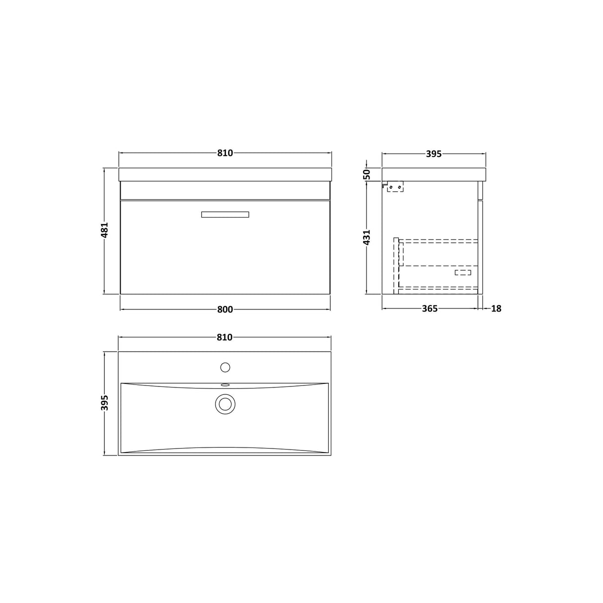 [BFRI080D] Millwich Contemporary 1 Drawer Wall Hung Vanity Unit with Thin Edge Basin - Choice of Size and Colour - Technical Drawing