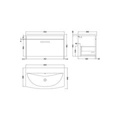 [BFRI080G] Millwich Contemporary 1 Drawer Wall Hung Vanity Unit with Curved Basin - Choice of Size and Colour - Technical Drawing
