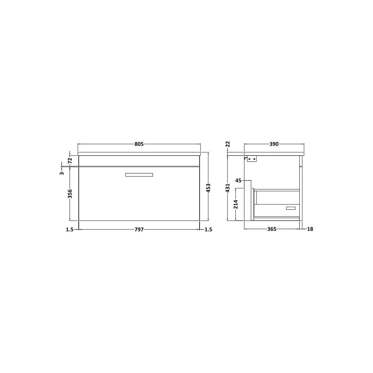 [BFRI080LBG] Millwich Contemporary 1 Drawer Wall Hung Vanity Unit with Bellato Grey Laminate Worktop - Choice of Size and Colour - Technical Drawing