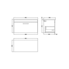 [BFRI080LCM] Millwich Contemporary 1 Drawer Wall Hung Vanity Unit with Carrera Marble Laminate Worktop - Choice of Size and Colour - Technical Drawing