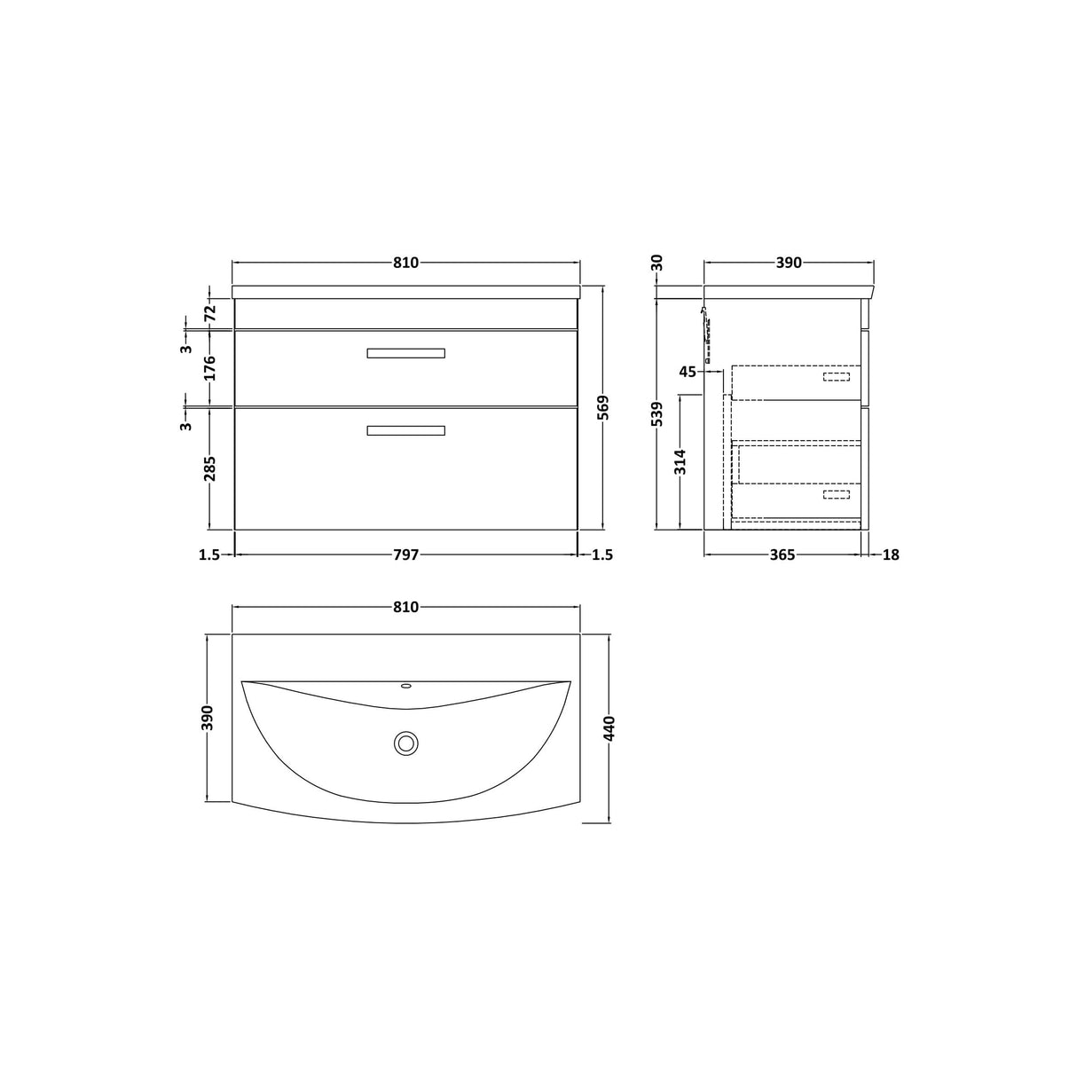 [BFRI081G] Millwich Contemporary 2 Drawer Wall Hung Vanity Unit with Curved Basin - Choice of Size and Colour - Technical Drawing