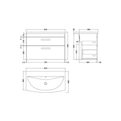 [BFRI081G] Millwich Contemporary 2 Drawer Wall Hung Vanity Unit with Curved Basin - Choice of Size and Colour - Technical Drawing
