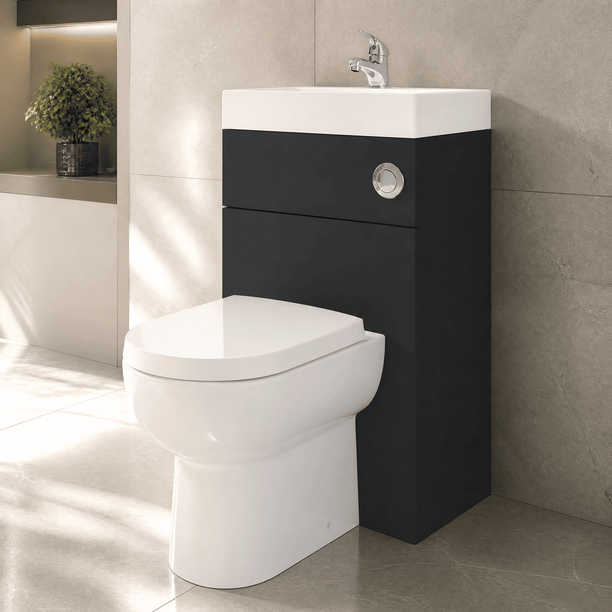 [BFRI1445CB] Modern Floor Standing Bathroom 2 in 1 Combination Basin and WC Toilet Unit - 500 x 355mm, Satin Dark Grey - Lifestyle 1