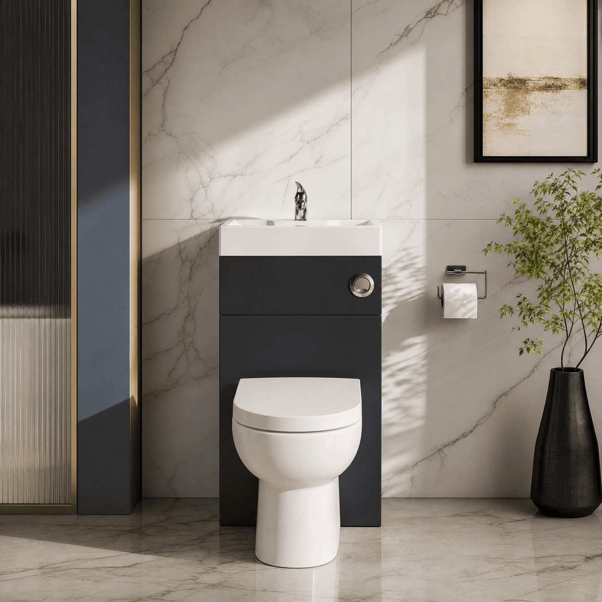 [BFRI1445CB] Modern Floor Standing Bathroom 2 in 1 Combination Basin and WC Toilet Unit - 500 x 355mm, Satin Dark Grey - Silo
