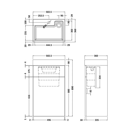 [BFRI145CB] 500mm Basin With WC Unit GLWHT - Technical Drawing