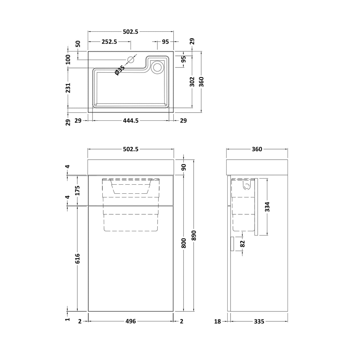 [BFRI3045CB] 500x330 2in1 Combi Unit-Inc Basin & Cist - Technical Drawing