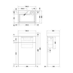 [BFRI3045CB] Millwich 500mm Floor Standing Combination Basin and WC Unit, Choice of Colour - Technical Drawing