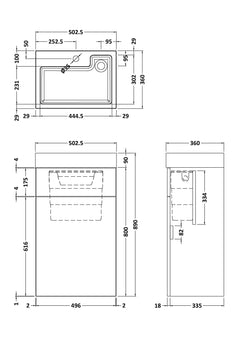 [BFRI645CB] Millwich 500mm Floor Standing Combination Basin and WC Unit, Choice of Colour - Technical Drawing