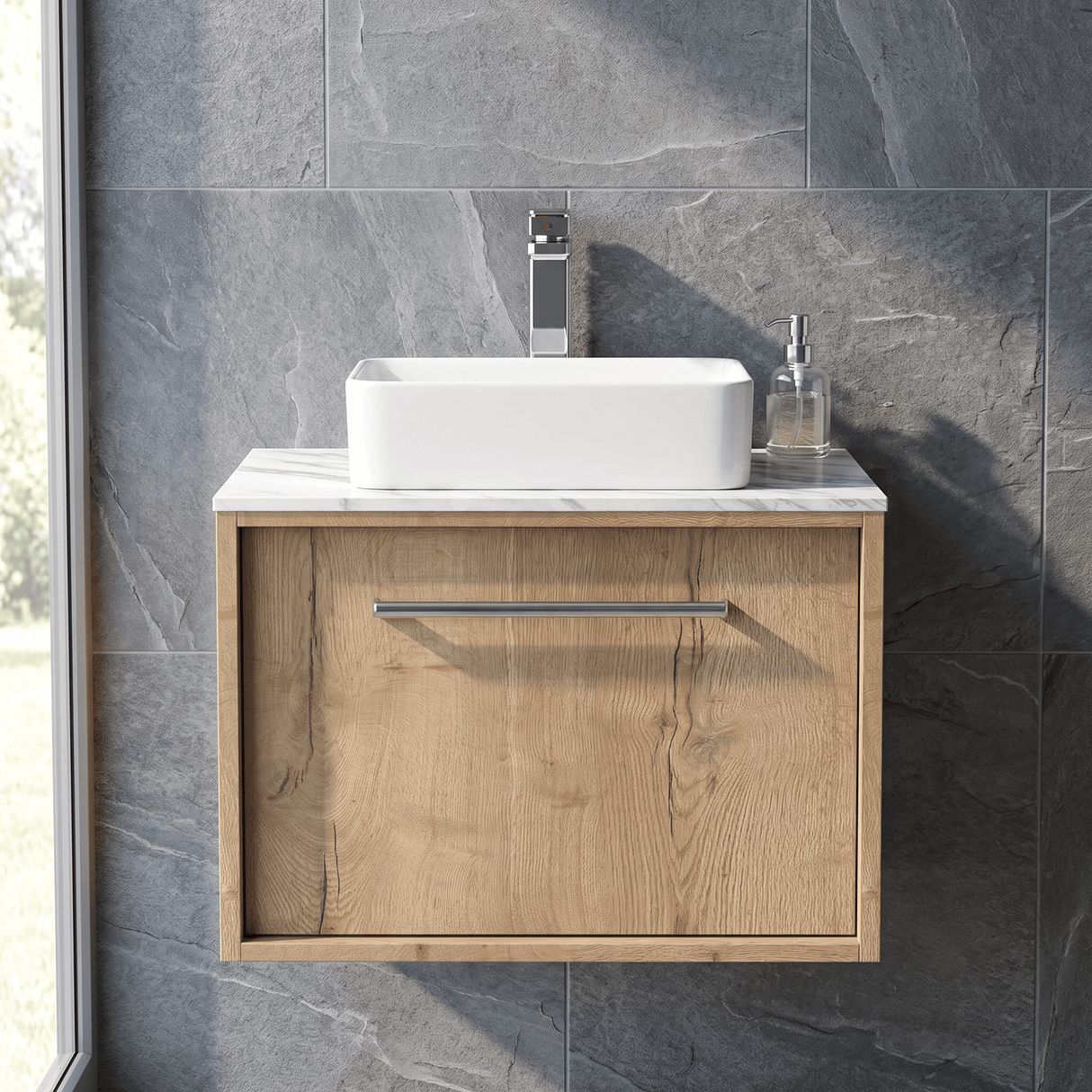 [BFRS1894CMT] Sturbridge Contemporary Wall Hung 1 Drawer Vanity Unit with Carrera Marble Top - Choice of Size and Colour - Silo