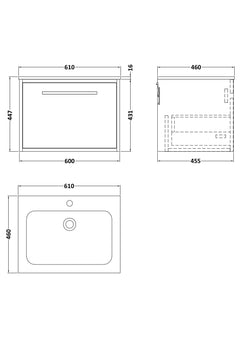 [BFRS1894P] Sturbridge Contemporary Wall Hung 1 Drawer Vanity Unit with Stone Basin - Choice of Size and Colour - Technical Drawing
