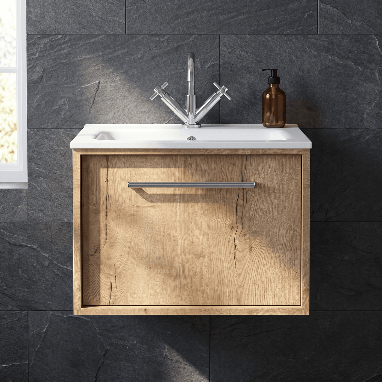 [BFRS1894P] Sturbridge Contemporary Wall Hung 1 Drawer Vanity Unit with Stone Basin - Choice of Size and Colour - Silo
