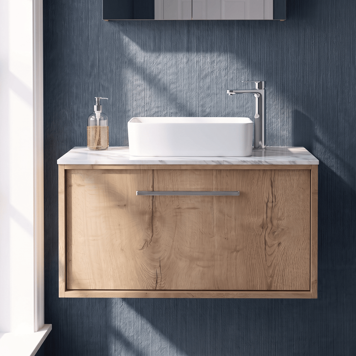 [BFRS1896CMT] Sturbridge Contemporary Wall Hung 1 Drawer Vanity Unit with Carrera Marble Top - Choice of Size and Colour - Silo