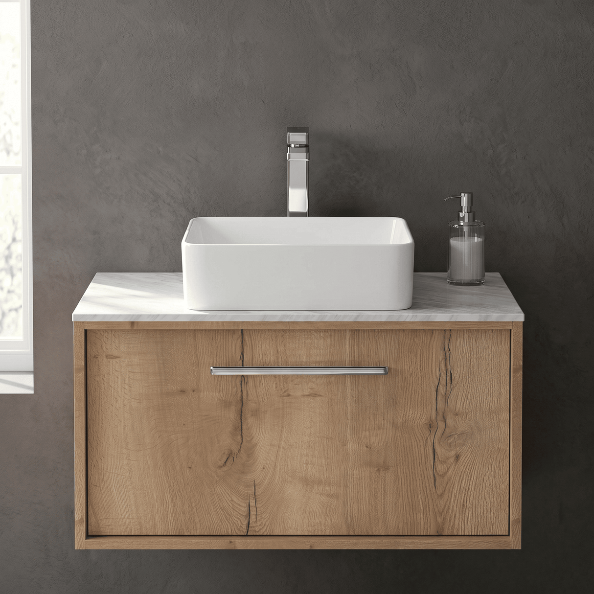 [BFRS1896GMT] Sturbridge Contemporary Wall Hung 1 Drawer Vanity Unit with Grey Marble Top - Choice of Size and Colour - Silo