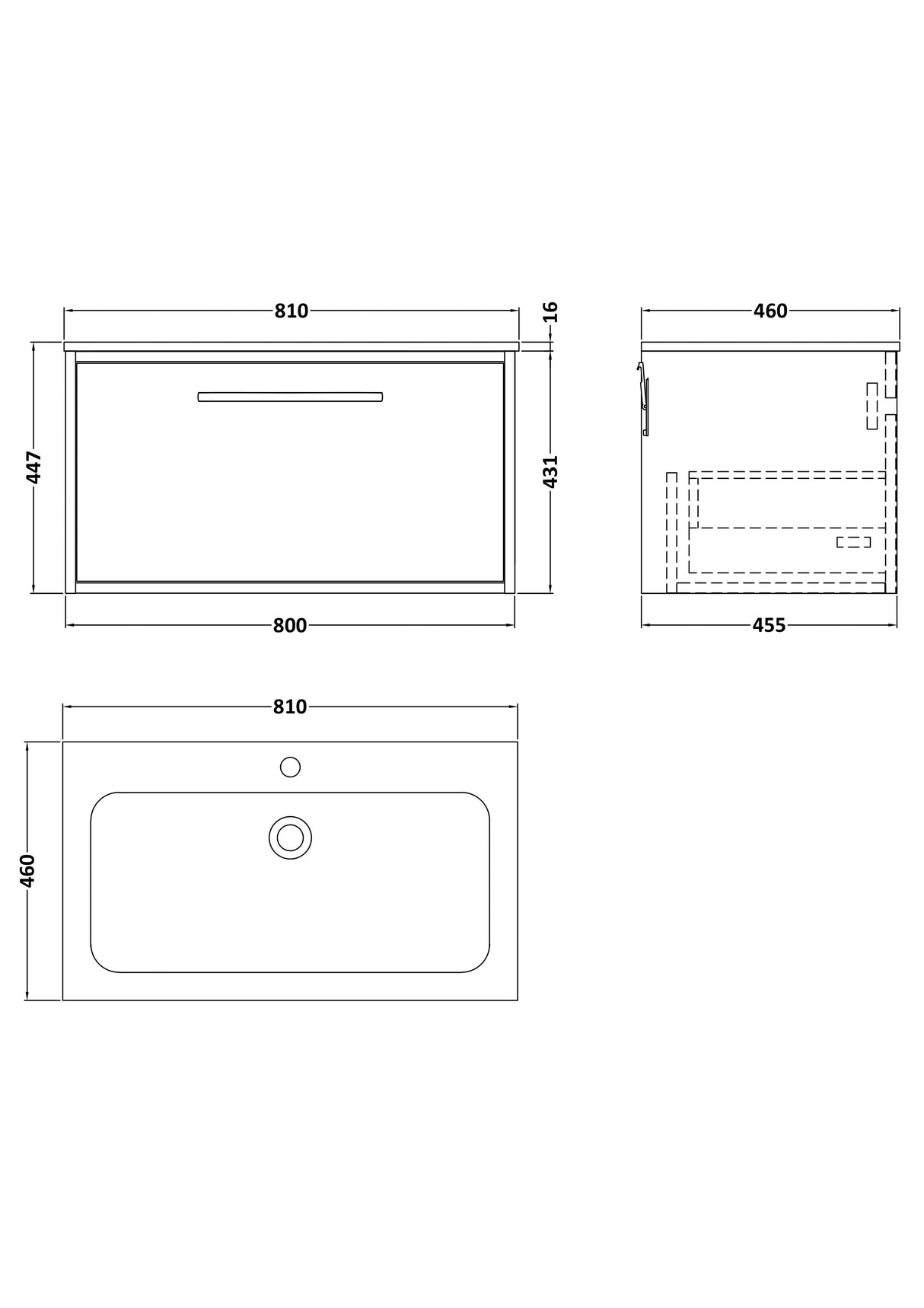 [BFRS1896P] Sturbridge Contemporary Wall Hung 1 Drawer Vanity Unit with Stone Basin - Choice of Size and Colour - Technical Drawing