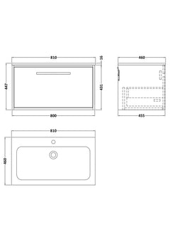 [BFRS1896P] Sturbridge Contemporary Wall Hung 1 Drawer Vanity Unit with Stone Basin - Choice of Size and Colour - Technical Drawing