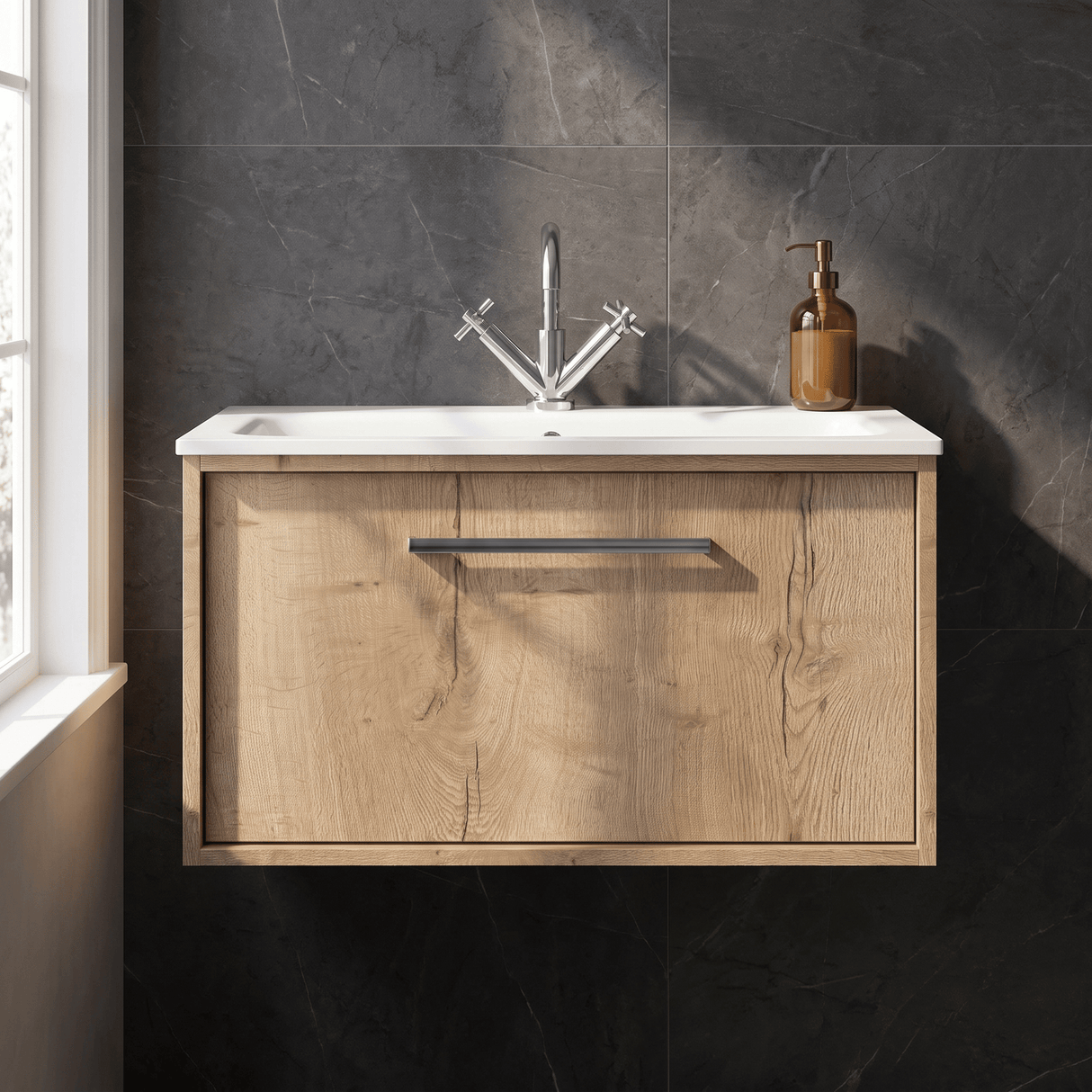 [BFRS1896P] Sturbridge Contemporary Wall Hung 1 Drawer Vanity Unit with Stone Basin - Choice of Size and Colour - Silo