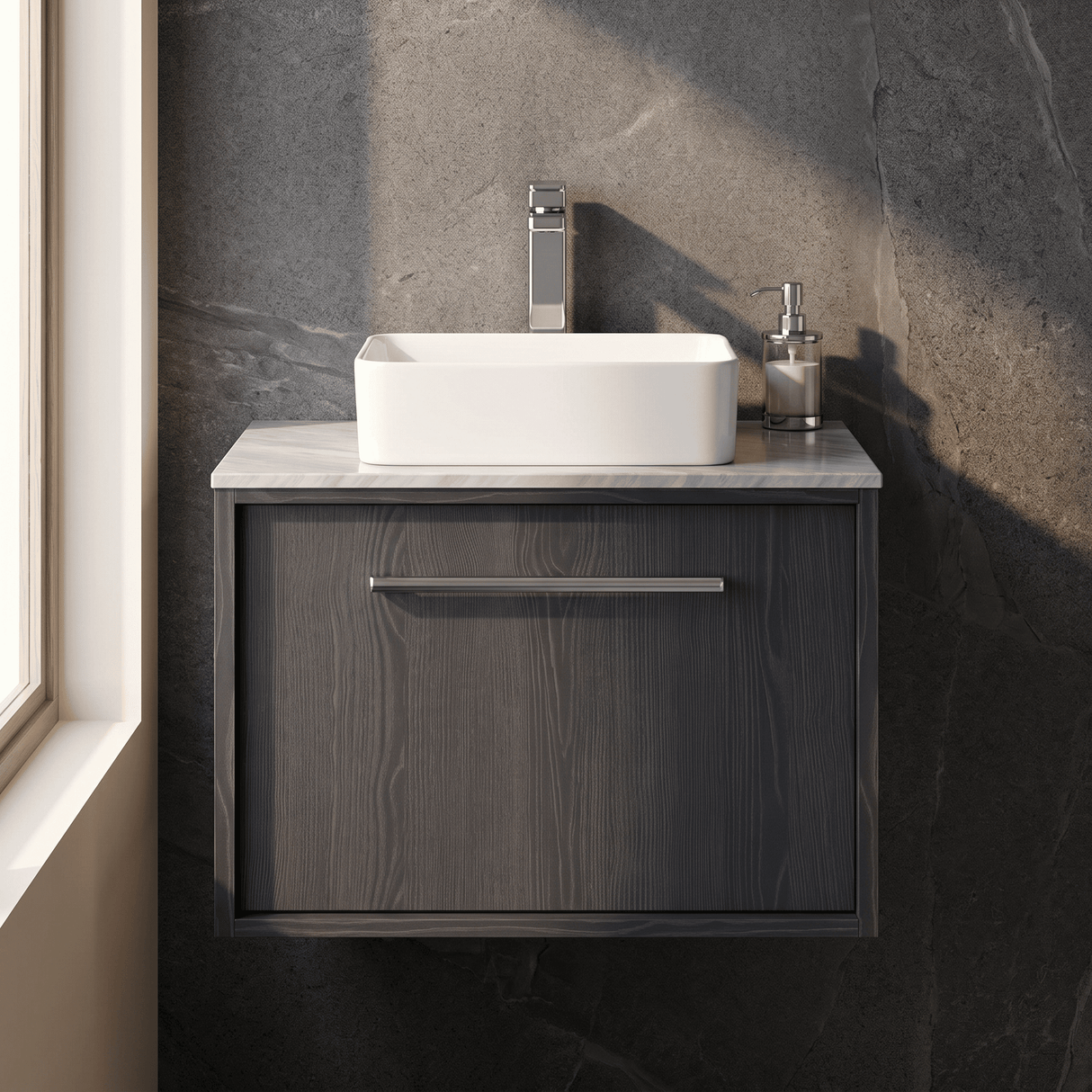 [BFRS2294GMT] Sturbridge Contemporary Wall Hung 1 Drawer Vanity Unit with Grey Marble Top - Choice of Size and Colour - Silo