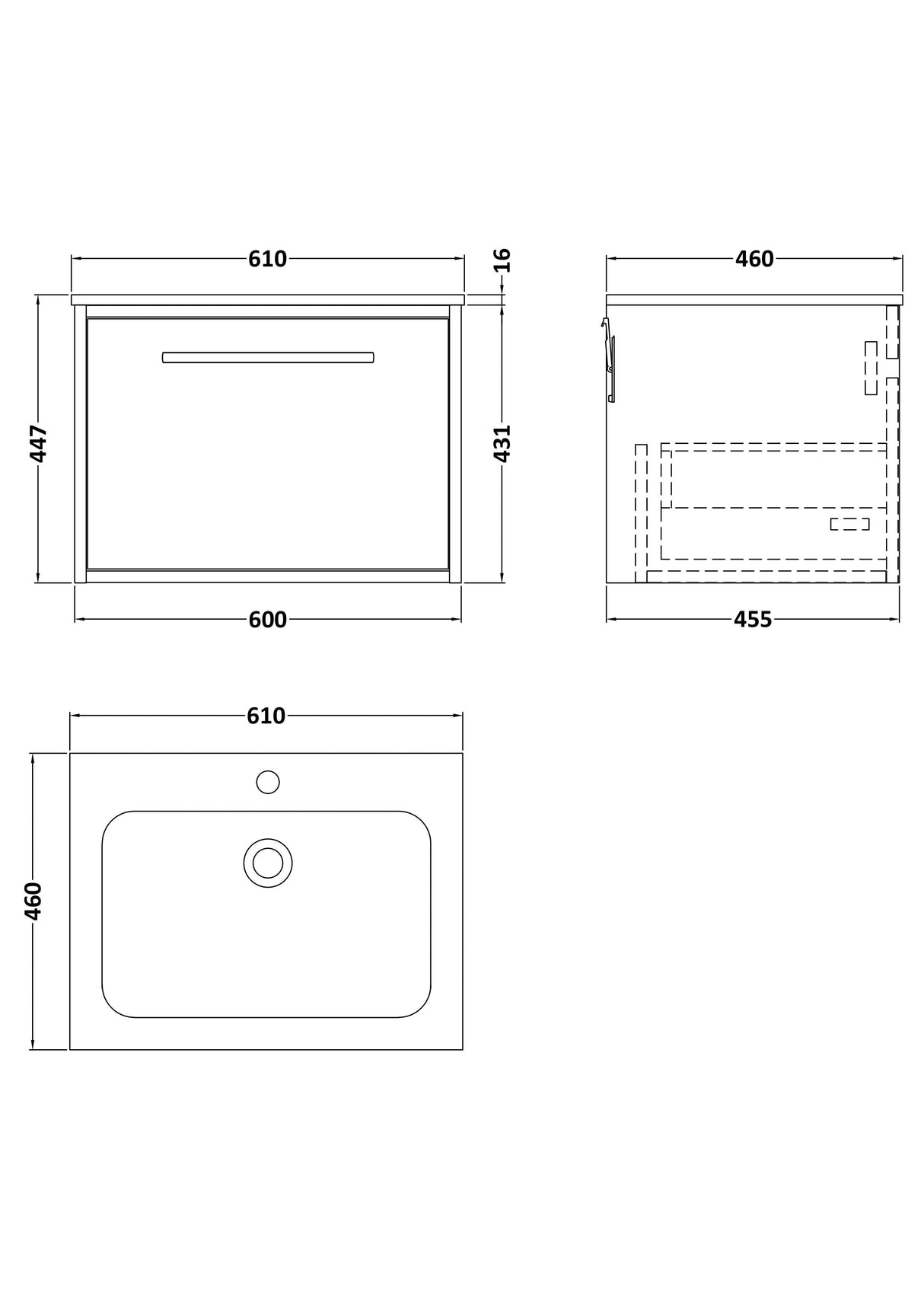 [BFRS2294P] Sturbridge Contemporary Wall Hung 1 Drawer Vanity Unit with Stone Basin - Choice of Size and Colour - Technical Drawing