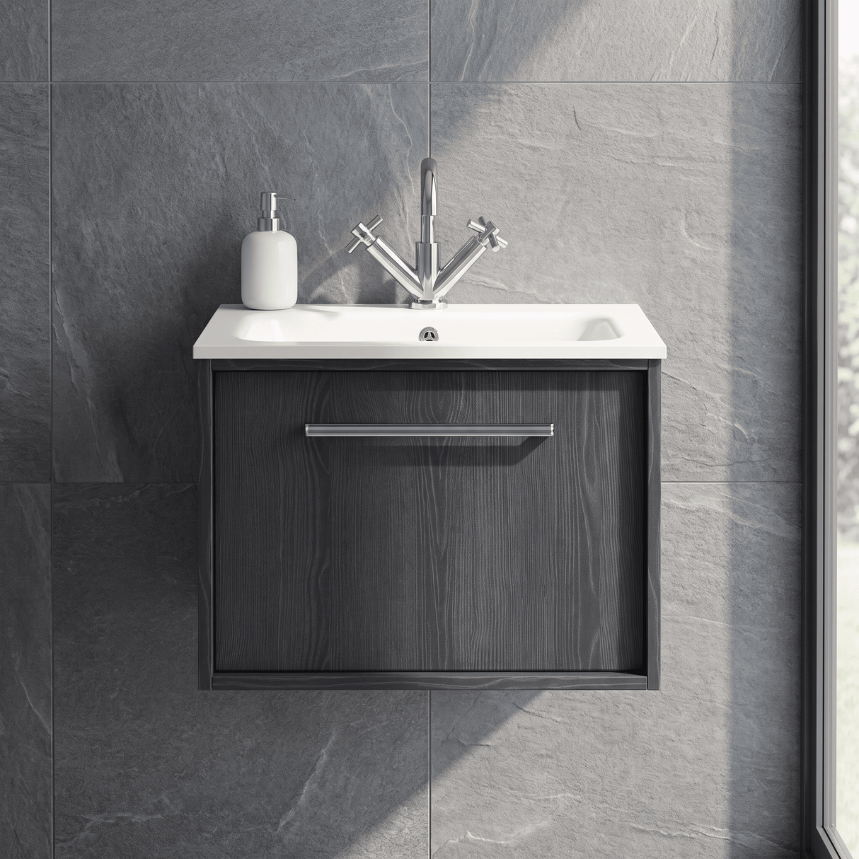 [BFRS2294P] Sturbridge Contemporary Wall Hung 1 Drawer Vanity Unit with Stone Basin - Choice of Size and Colour - Silo