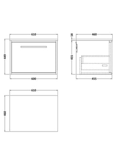 [BFRS2294W] Sturbridge Contemporary Wall Hung 1 Drawer Vanity Unit with Laminate Worktop - Choice of Size and Colour - Technical Drawing