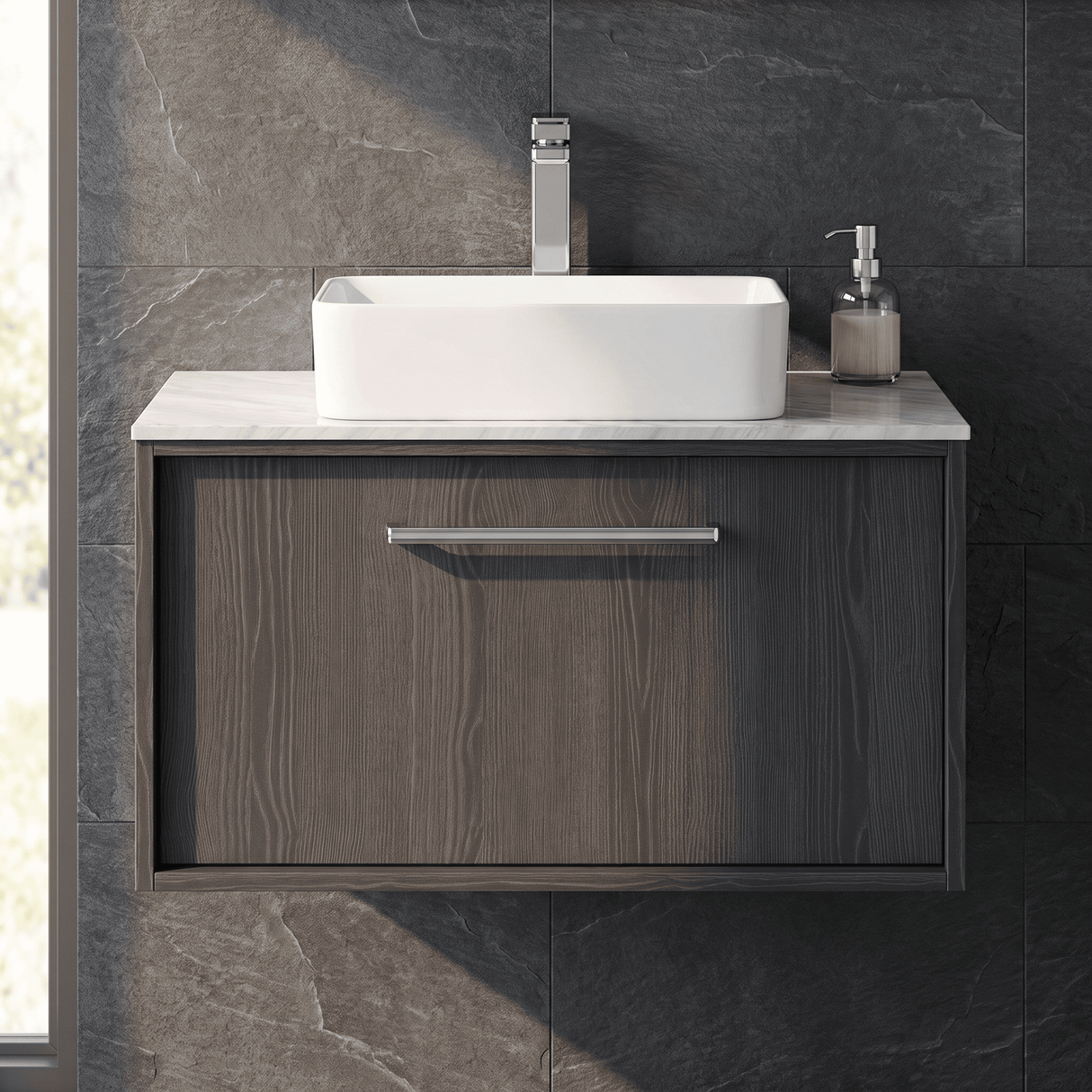 [BFRS2296GMT] Sturbridge Contemporary Wall Hung 1 Drawer Vanity Unit with Grey Marble Top - Choice of Size and Colour - Silo