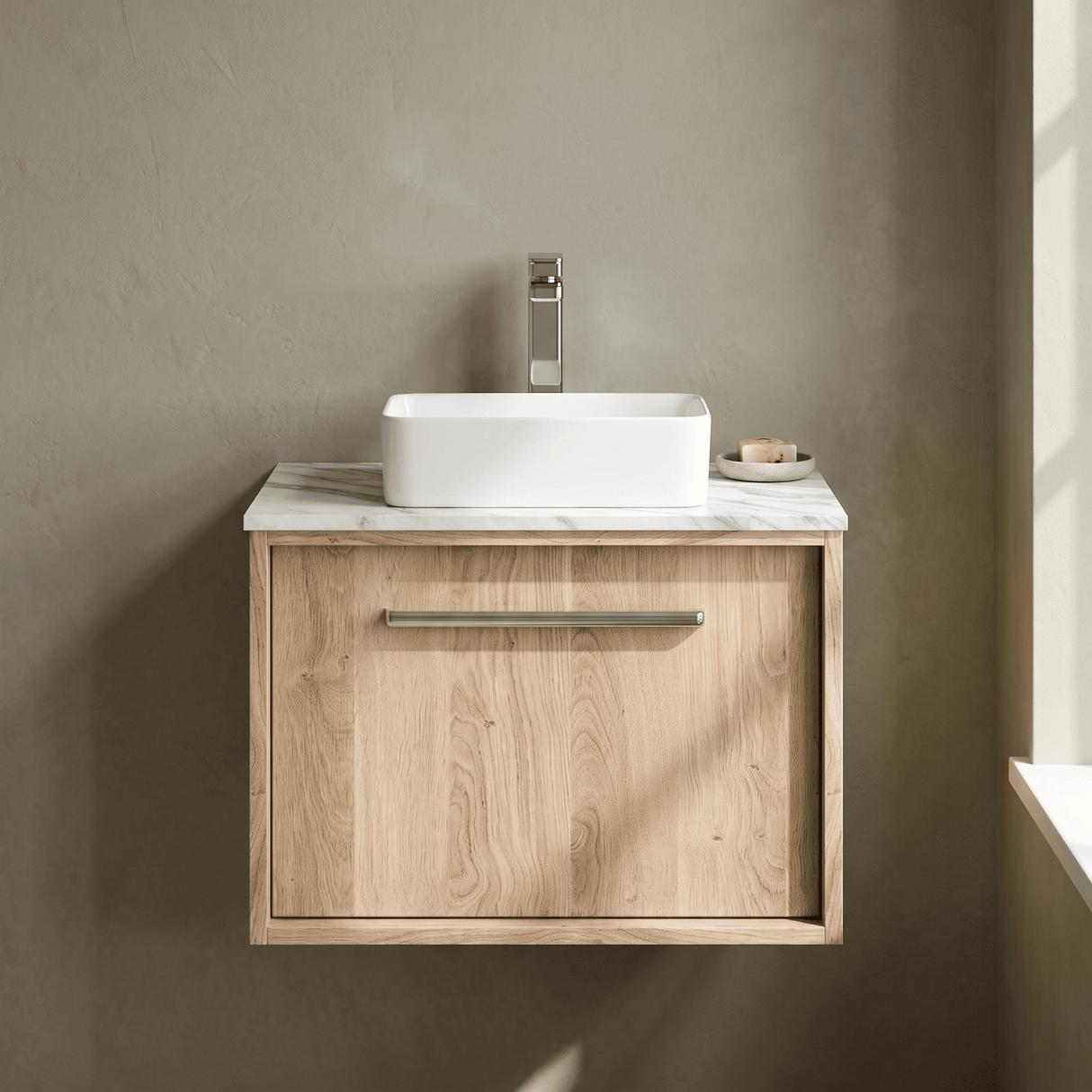 [BFRS3094CMT] Sturbridge Contemporary Wall Hung 1 Drawer Vanity Unit with Carrera Marble Top - Choice of Size and Colour - Silo