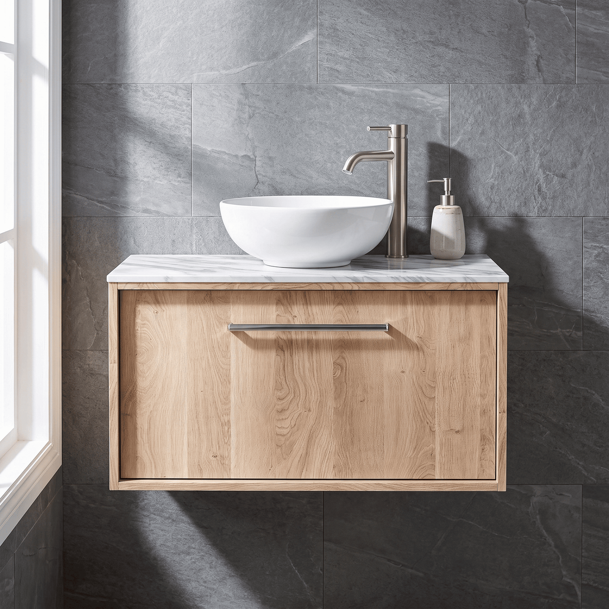 [BFRS3096CMT] Sturbridge Contemporary Wall Hung 1 Drawer Vanity Unit with Carrera Marble Top - Choice of Size and Colour - Silo