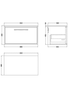 [BFRS3096W] Sturbridge Contemporary Wall Hung 1 Drawer Vanity Unit with Laminate Worktop - Choice of Size and Colour - Technical Drawing