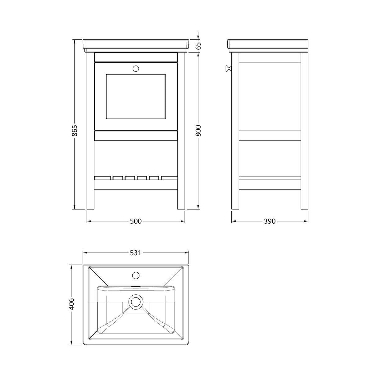 [BFRY123A] Balterley Rye Bathroom Floor Standing 1 Drawer Vanity & 1 Tap Hole Basin, Pure White, 531mm - Technical Drawing