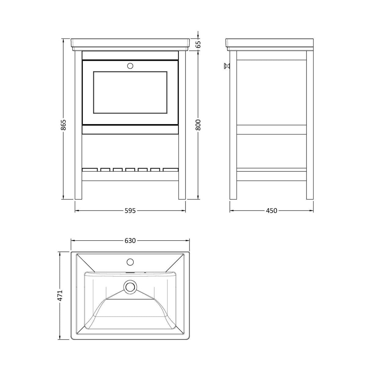 [BFRY125A] Balterley Rye Bathroom Floor Standing 1 Drawer Vanity & 1 Tap Hole Basin, Pure White, 630mm - Technical Drawing