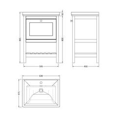 [BFRY125A] Balterley Rye Bathroom Floor Standing 1 Drawer Vanity & 1 Tap Hole Basin, Pure White, 630mm - Technical Drawing