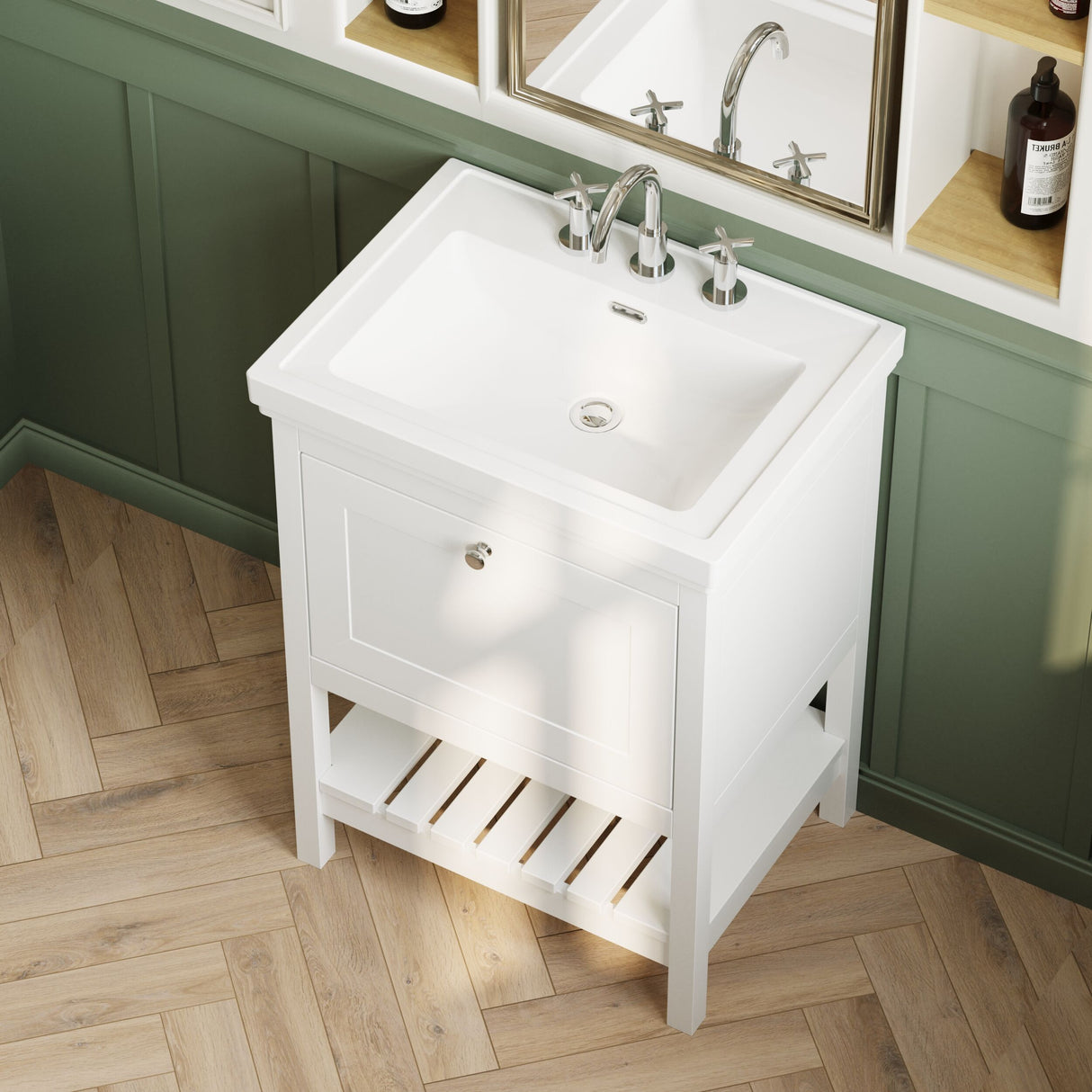 [BFRY125B] Balterley Rye Bathroom Floor Standing 1 Drawer Vanity & 3 Tap Hole Basin, Pure White, 630mm - Lifestyle 2