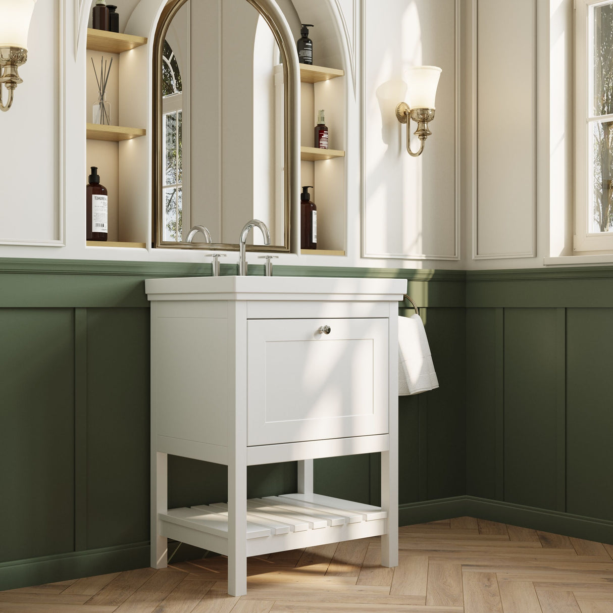 [BFRY125B] Balterley Rye Bathroom Floor Standing 1 Drawer Vanity & 3 Tap Hole Basin, Pure White, 630mm - Lifestyle 3