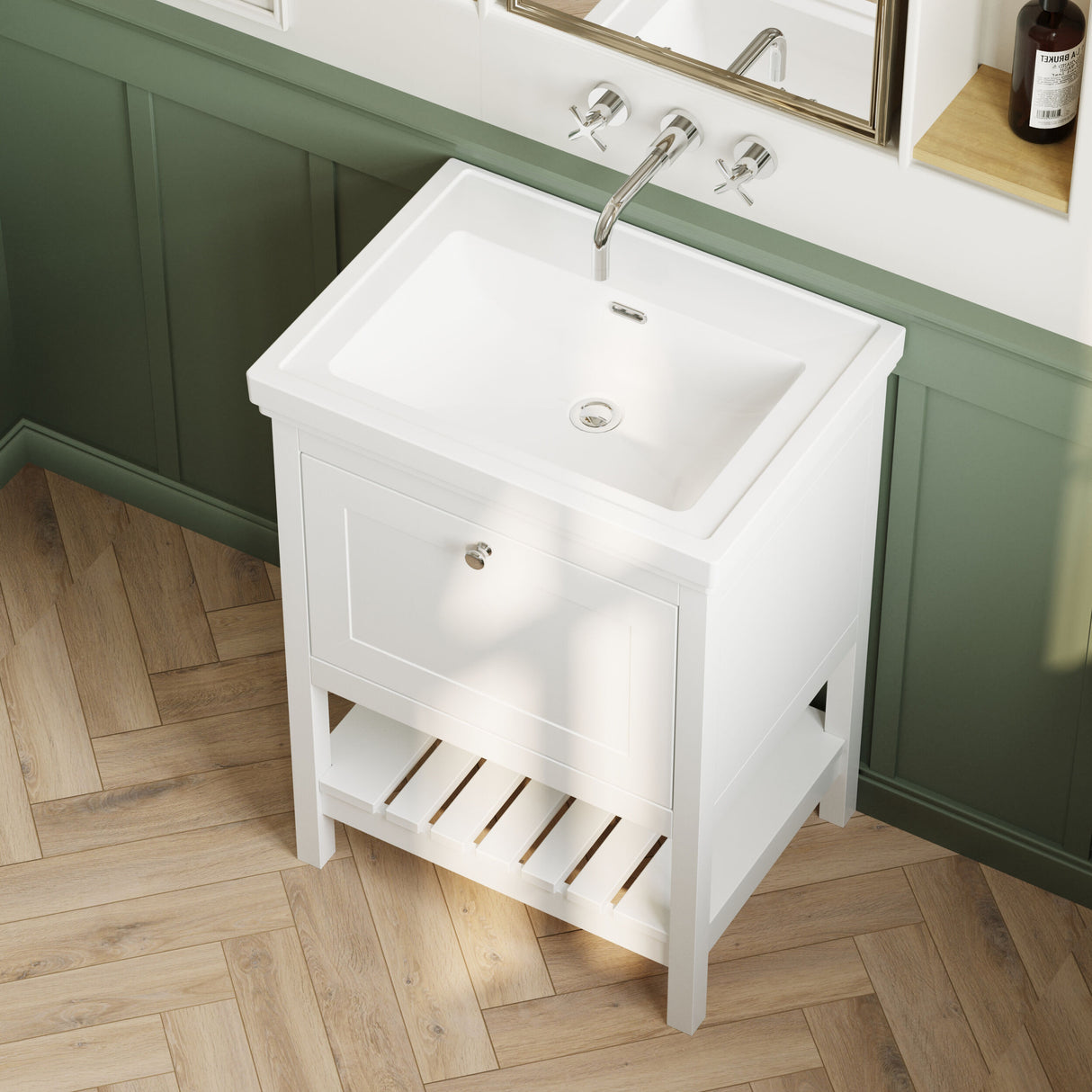 [BFRY125H] Balterley Rye Bathroom Floor Standing 1 Drawer Vanity & 0 Tap Hole Basin, Pure White, 630mm - Lifestyle 2