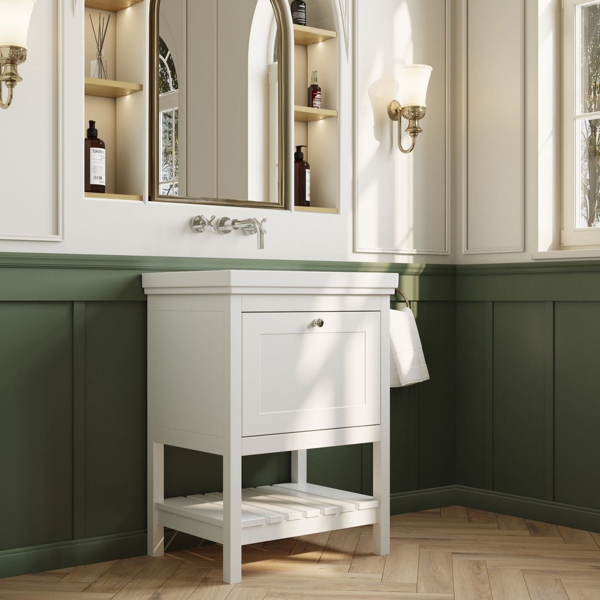 [BFRY125H] Coppenhall Traditional 1 Drawer Floor Standing Vanity Basin Unit with 0 Tap Hole Fireclay Basin, Choice of Size and Colour