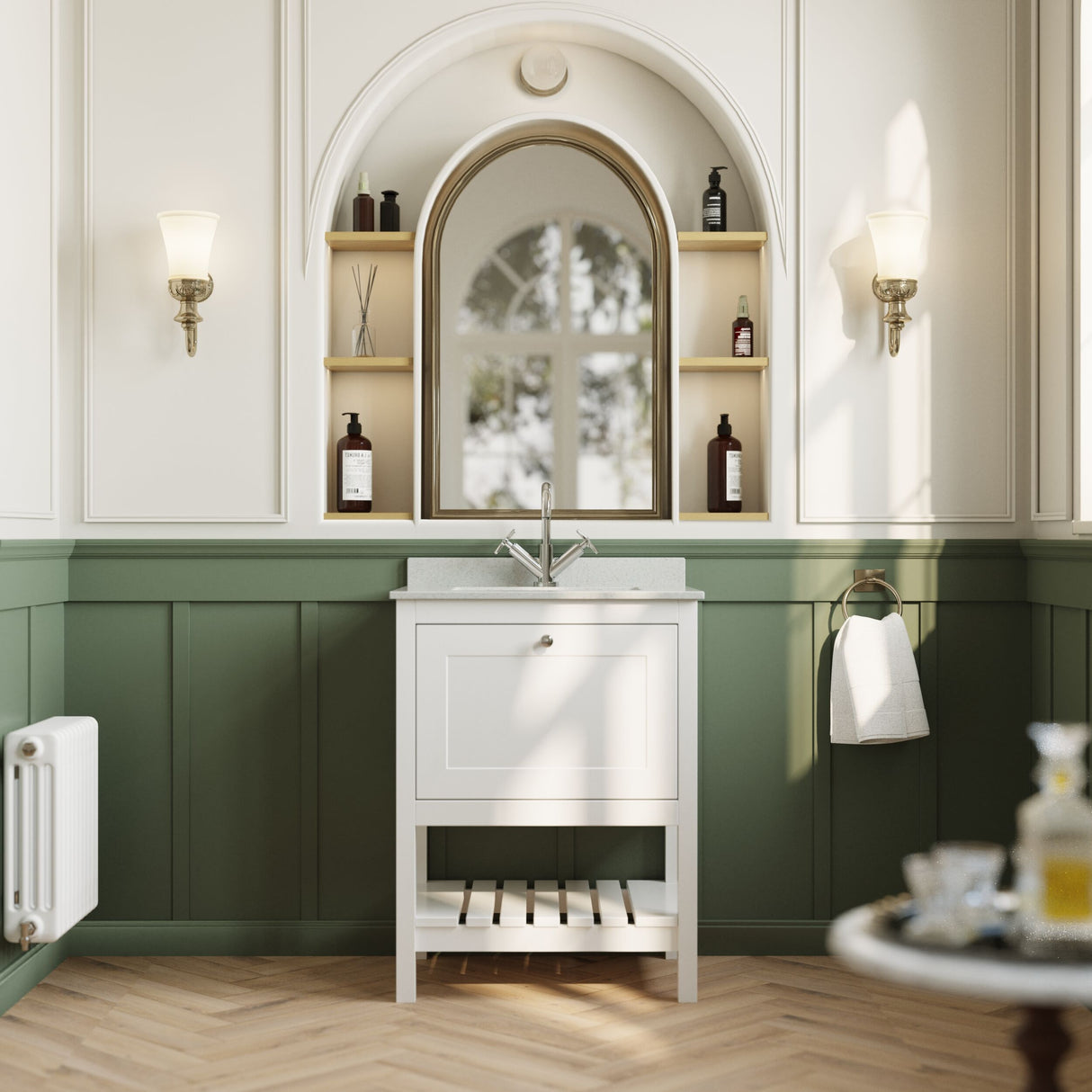 [BFRY125WS1] Balterley Rye Bathroom Floor Standing 1 Drawer Vanity & Single Bowl 1 Tap Hole Marble Top, Pure White, 620mm - Lifestyle 1