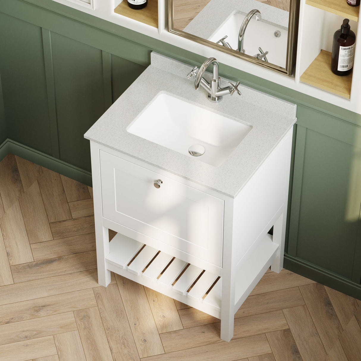 [BFRY125WS1] Balterley Rye Bathroom Floor Standing 1 Drawer Vanity & Single Bowl 1 Tap Hole Marble Top, Pure White, 620mm - Lifestyle 2