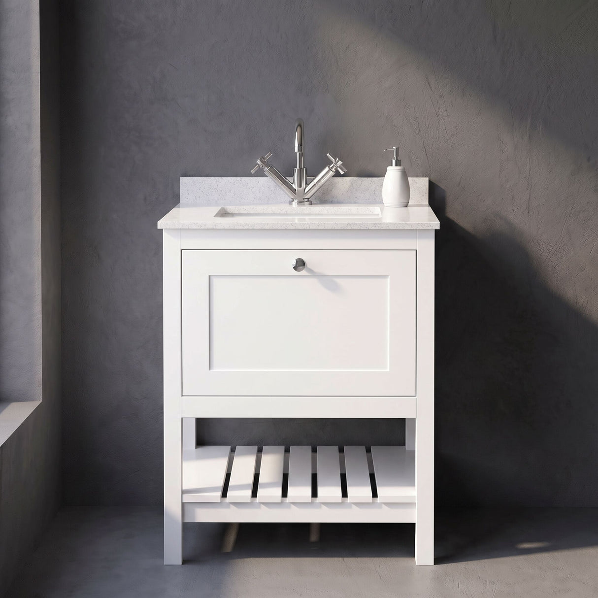 [BFRY125WS1] Coppenhall Traditional 1 Drawer Floor Standing Vanity Unit with Marble Worktop, Choice of Size and Finish - Silo