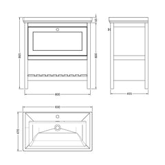 [BFRY127A] Balterley Rye Bathroom Floor Standing 1 Drawer Vanity & 1 Tap Hole Basin, Pure White, 830mm - Technical Drawing
