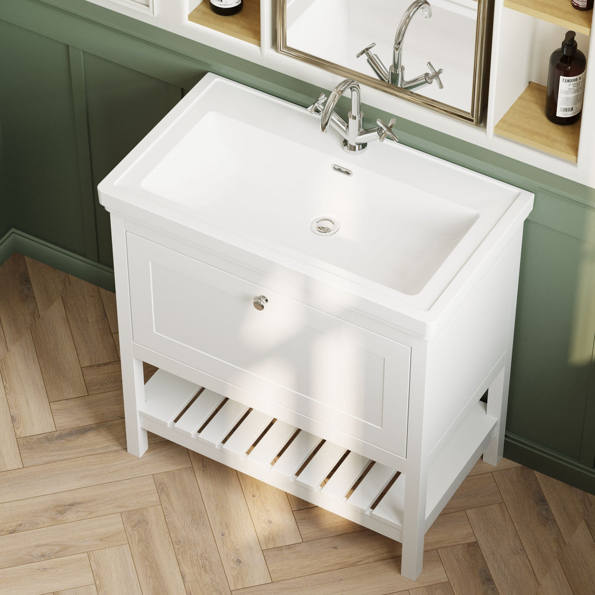 [BFRY127A] Balterley Rye Bathroom Floor Standing 1 Drawer Vanity & 1 Tap Hole Basin, Pure White, 830mm - Lifestyle 2