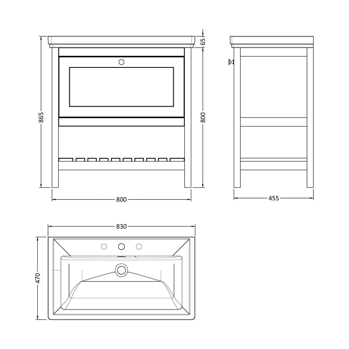[BFRY127B] Balterley Rye Bathroom Floor Standing 1 Drawer Vanity & 3 Tap Hole Basin, Pure White, 830mm - Technical Drawing