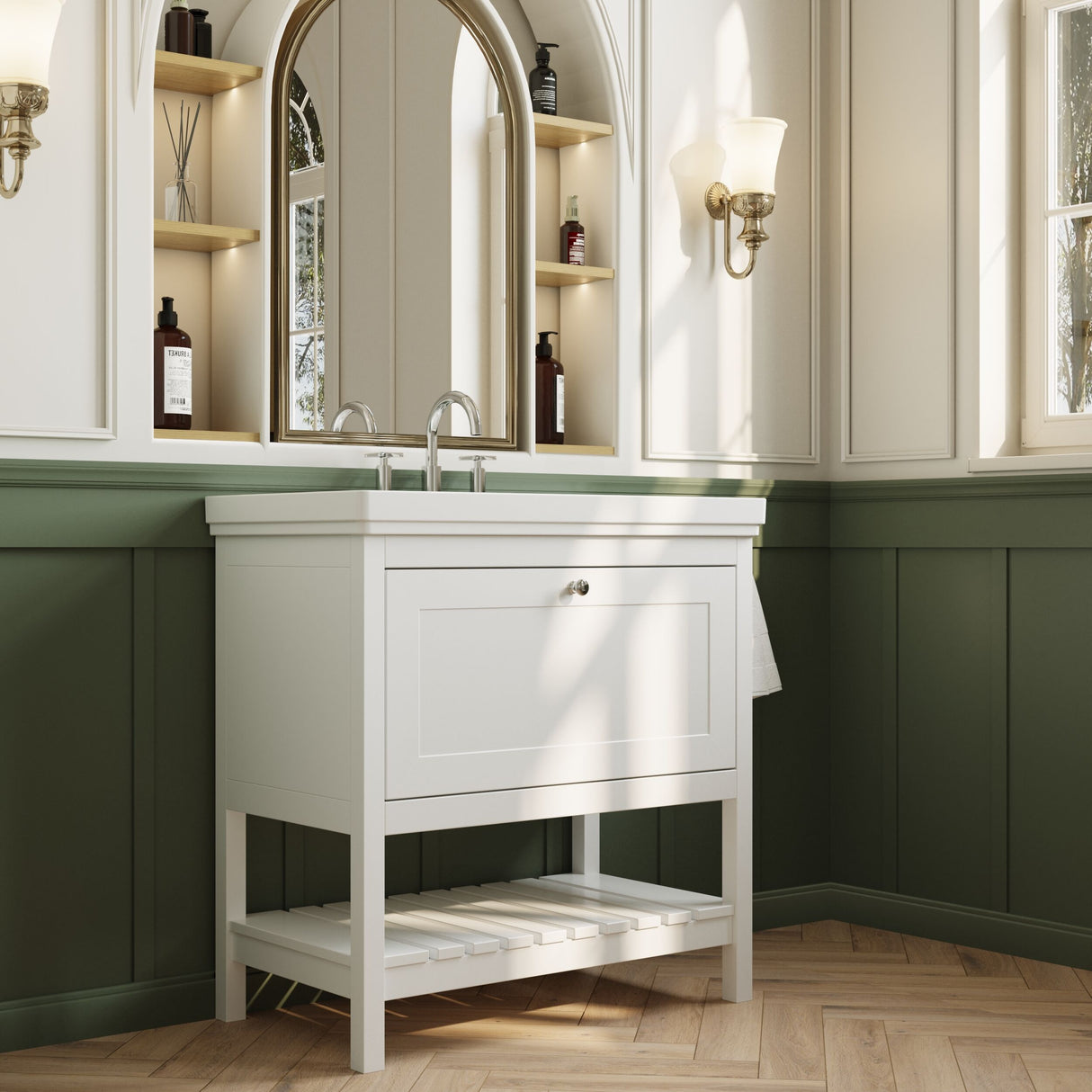 [BFRY127B] Balterley Rye Bathroom Floor Standing 1 Drawer Vanity & 3 Tap Hole Basin, Pure White, 830mm - Lifestyle 3