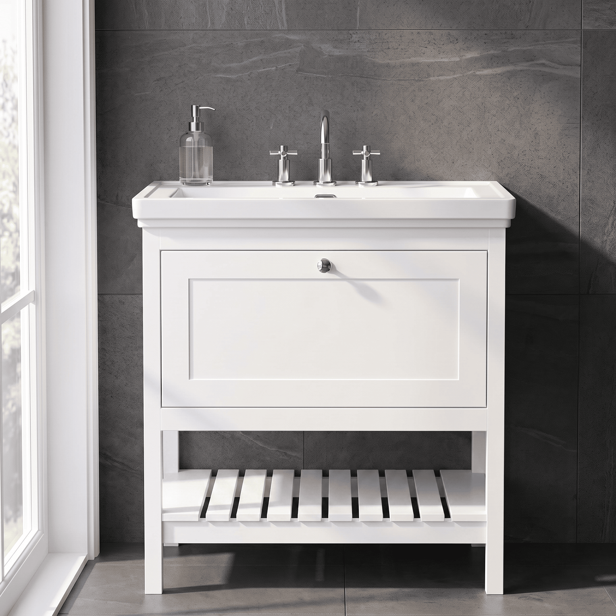 [BFRY127B] Coppenhall Traditional 1 Drawer Floor Standing Vanity Unit with 3 Tap Hole Fireclay Basin, Choice of Size and Finish - Silo