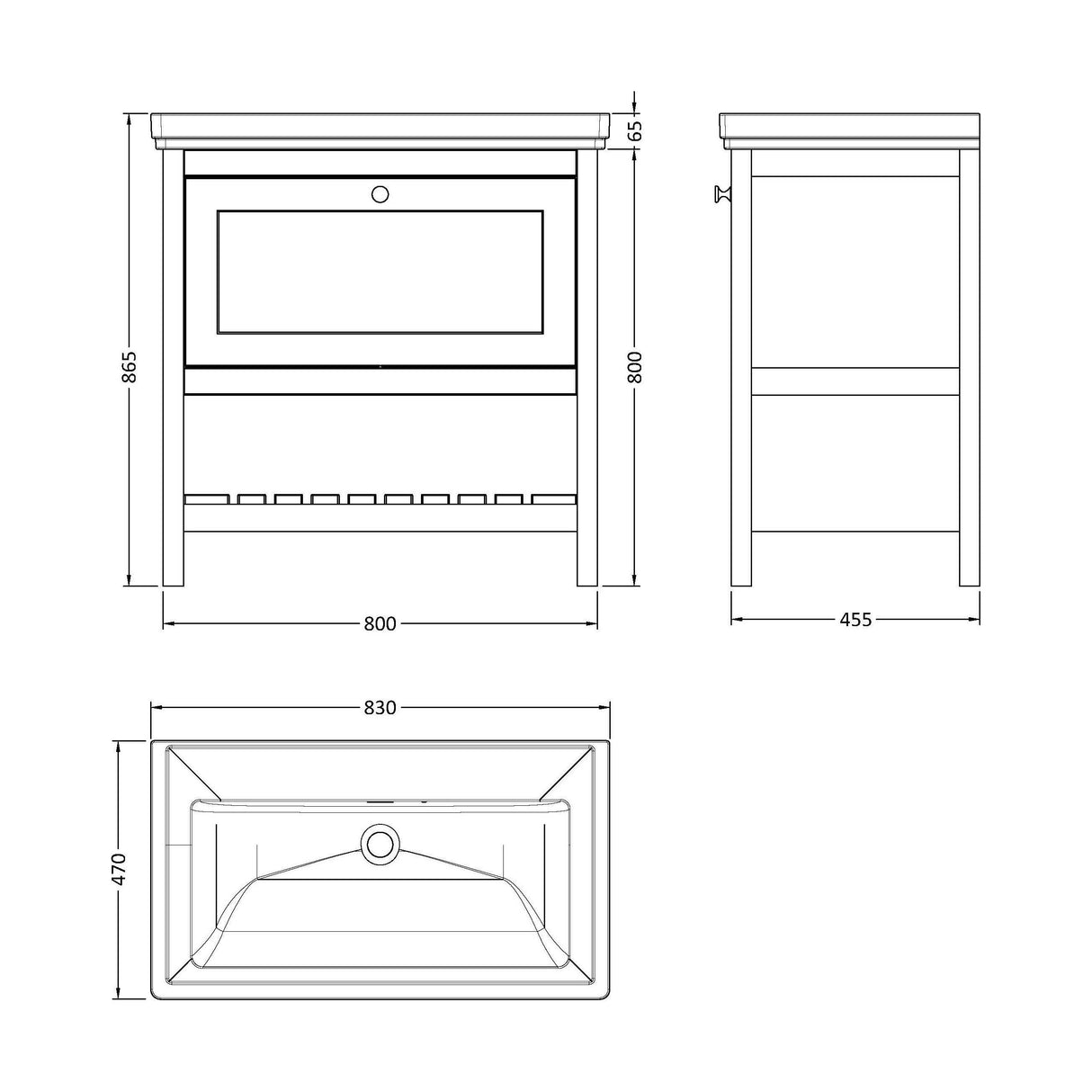 [BFRY127H] Balterley Rye Bathroom Floor Standing 1 Drawer Vanity & 0 Tap Hole Basin, Pure White, 830mm - Technical Drawing