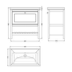 [BFRY127H] Balterley Rye Bathroom Floor Standing 1 Drawer Vanity & 0 Tap Hole Basin, Pure White, 830mm - Technical Drawing