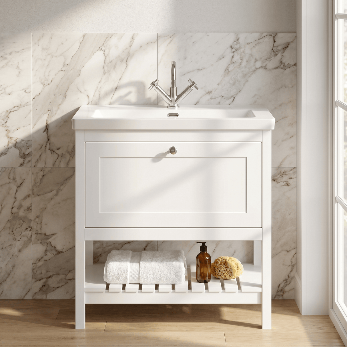 [BFRY127L] Coppenhall Contemporary 1 Drawer Floor Standing Vanity Unit with Fireclay Basin - Choice of Size and Colour - Silo