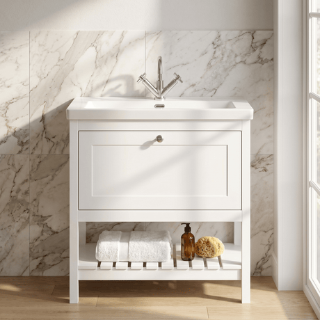 [BFRY127L] Coppenhall Contemporary 1 Drawer Floor Standing Vanity Unit with Fireclay Basin - Choice of Size and Colour - Silo