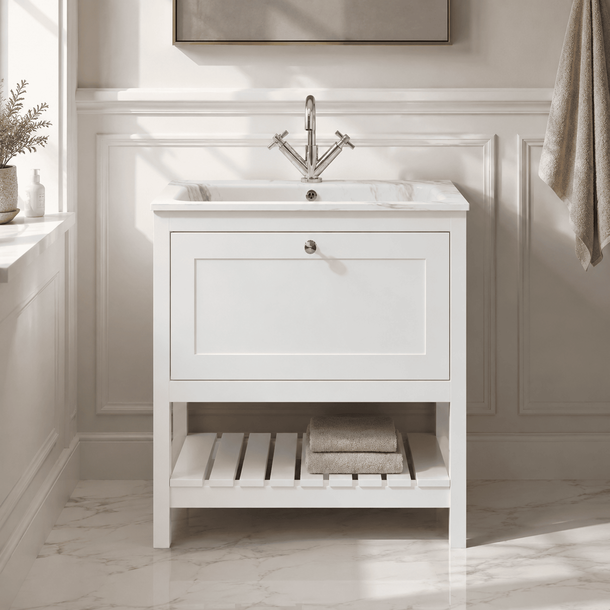 [BFRY127Q] Coppenhall Contemporary 1 Drawer Floor Standing Vanity Unit with Stone Basin - Choice of Size and Colour - Silo