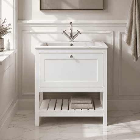[BFRY127Q] Coppenhall Contemporary 1 Drawer Floor Standing Vanity Unit with Stone Basin - Choice of Size and Colour - Silo