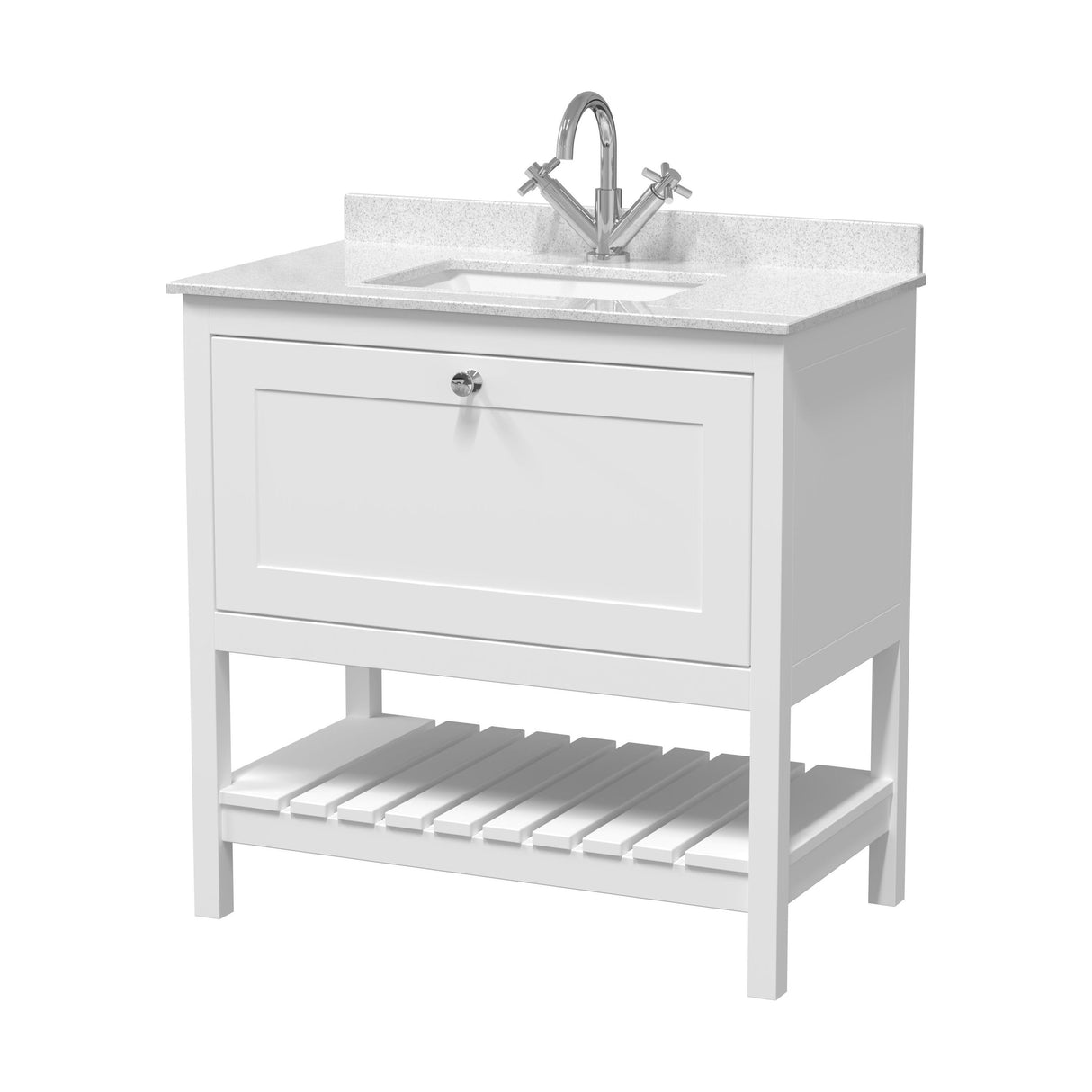 [BFRY127WS1] Balterley Rye Bathroom Floor Standing 1 Drawer Vanity & Single Bowl 1 Tap Hole Marble Top, Pure White/White, 820mm - Cutout